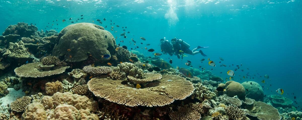 Hard coral reef slope at Anita's Reef dive site in the Similan Islands Thailand with table corals and tropical fish in clear blue water