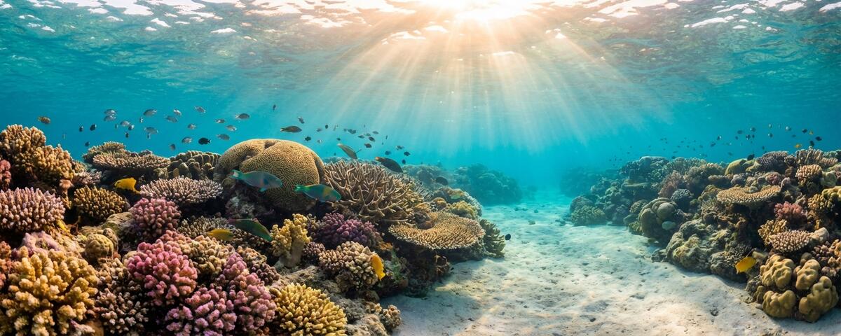 Colourful coral reef with tropical fish in the shallow turquoise waters of Aow Leuk bay on the southeast coast of Koh Tao, Thailand