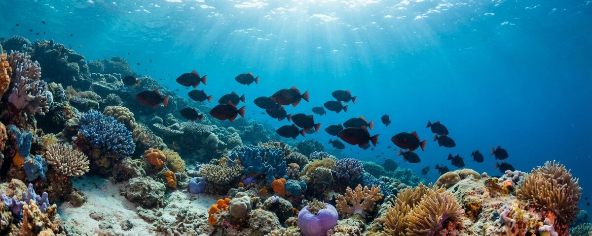 Vibrant coral reef slope at Bahura dive site with schooling triggerfish above healthy hard corals, Anilao Philippines