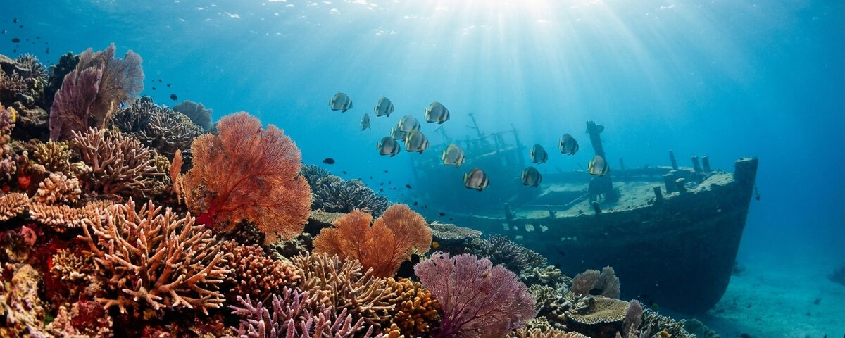 Colourful staghorn corals and gorgonian sea fans covering the sloping reef at Beacon Reef dive site on Similan Island 8, Thailand, with batfish swimming in the water column