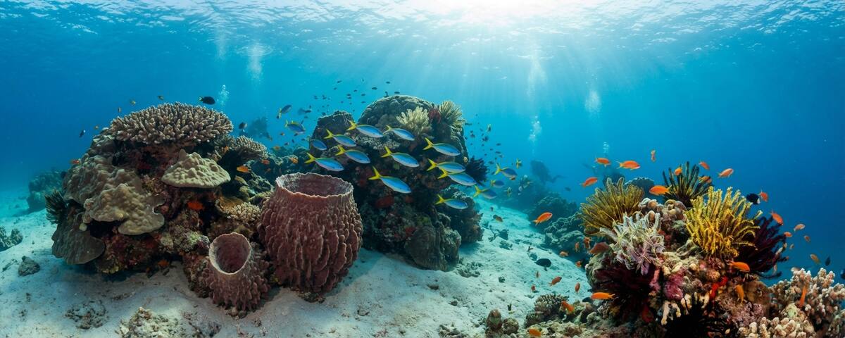 Coral heads and tropical fish on sandy slopes at Bonito Island marine sanctuary near Anilao, Batangas, Philippines