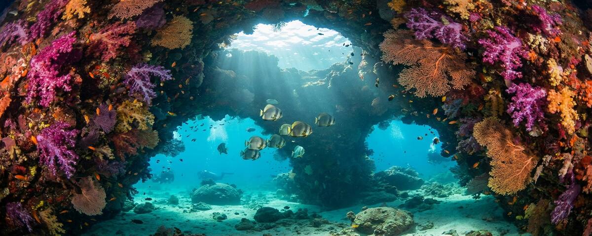 Sunlight streaming through the natural rock archway at Boo Windows dive site, Raja Ampat, Indonesia