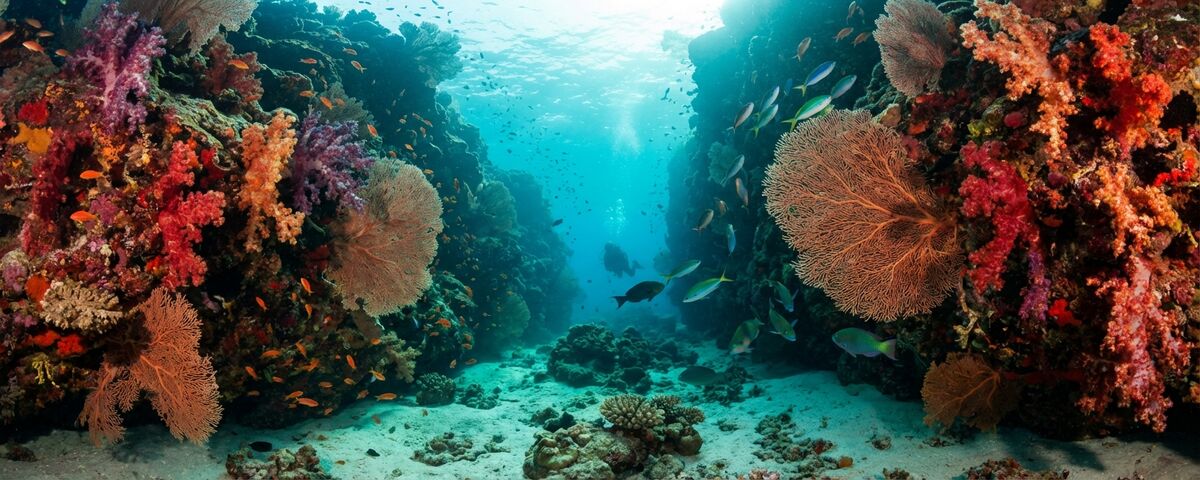 Dramatic coral canyon with walls covered in colourful soft corals and gorgonian sea fans at Broken Rock dive site in South Ari Atoll, Maldives