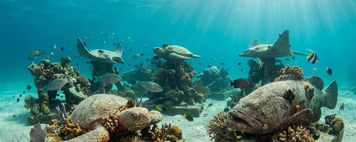 Concrete marine sculptures on sandy seabed with coral growth and tropical fish at Buoyancy World artificial reef dive site, Koh Tao, Thailand