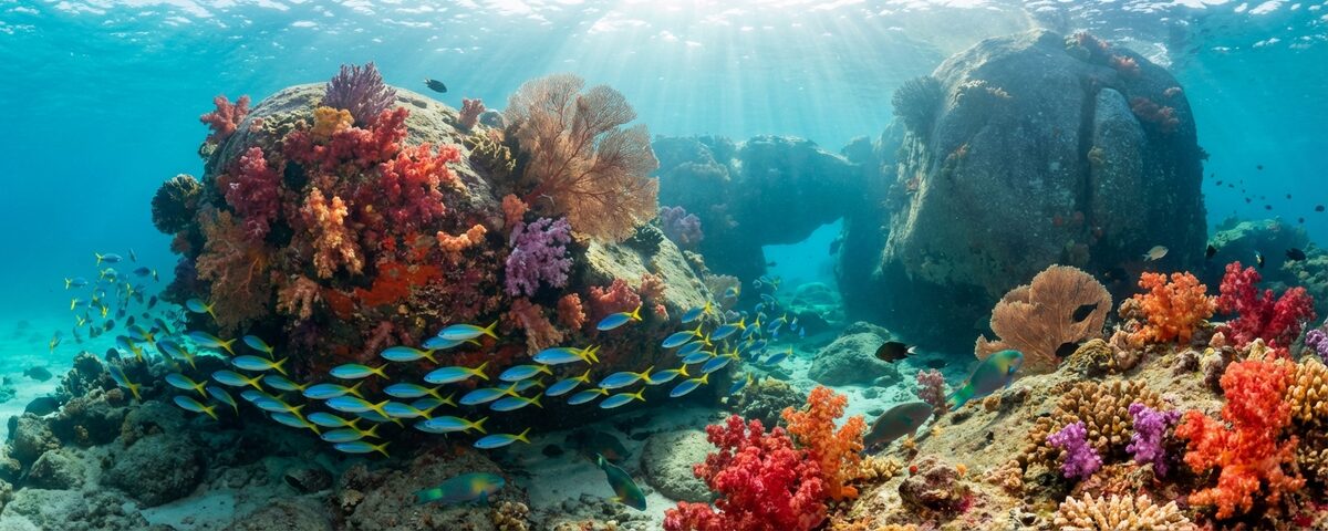 Granite boulders covered in colourful soft corals and sea fans at Christmas Point dive site in the Similan Islands, Thailand
