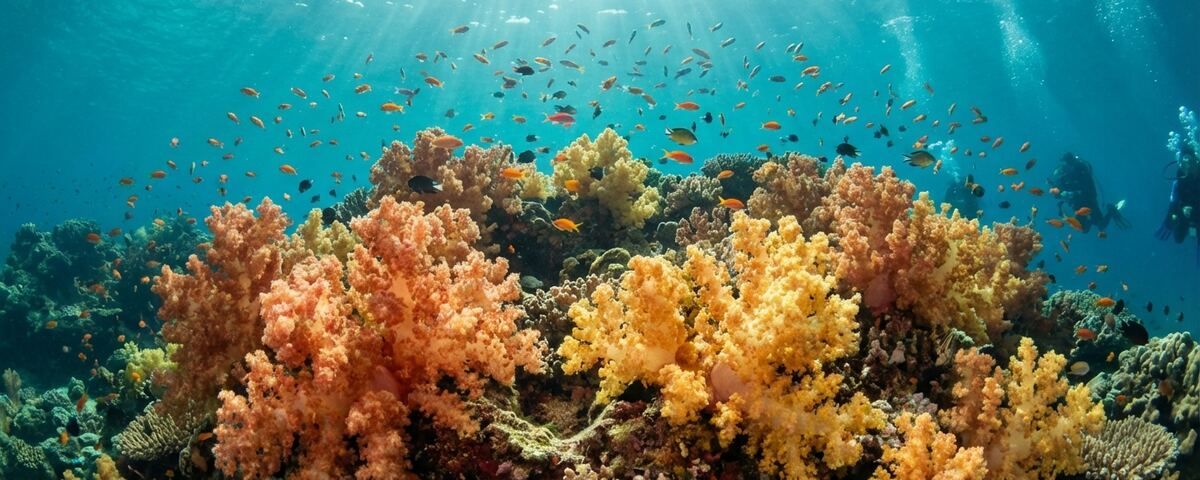 Vibrant orange and yellow soft corals on a reef ridge at Citrus Ridge dive site, Raja Ampat, Indonesia