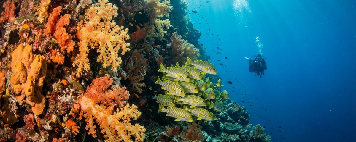Soft coral covered wall with schools of sweetlips at Current City dive site, Komodo National Park, Indonesia