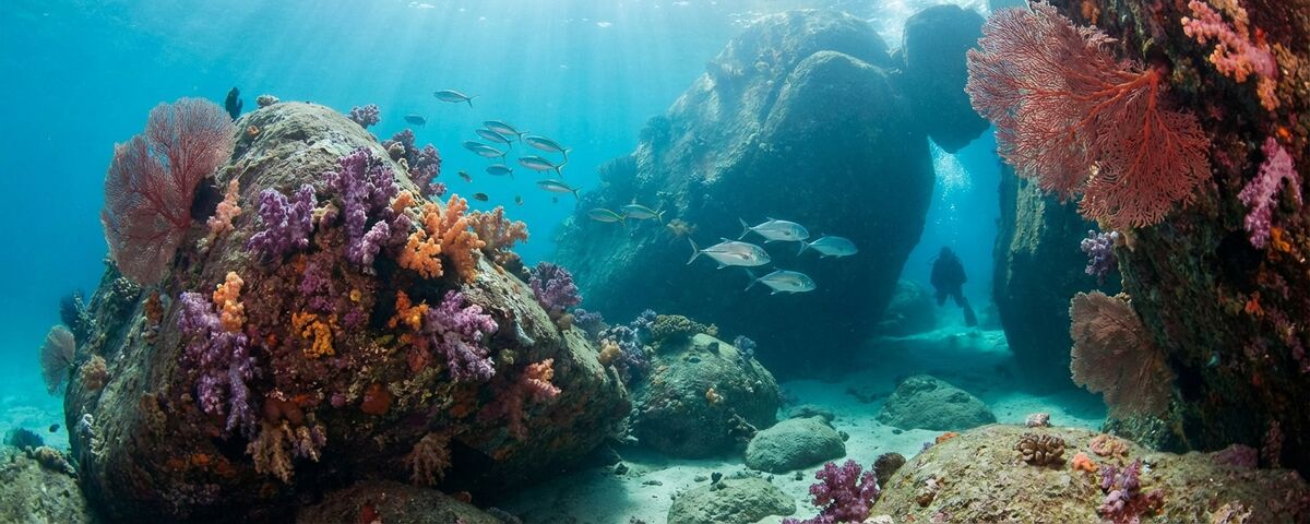 Granite boulders covered in gorgonian sea fans and soft corals at Deep Six dive site in the Similan Islands, Thailand, with a diver exploring a swim-through