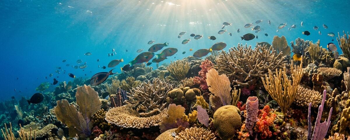 Pristine coral reef slope at South Kri dive site in Raja Ampat with schools of tropical fish