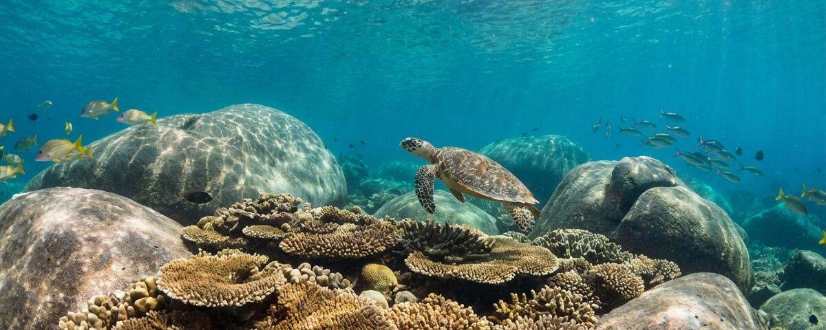 Clear turquoise water over granite boulders and coral gardens at Donald Duck Bay dive site in the Similan Islands, Thailand