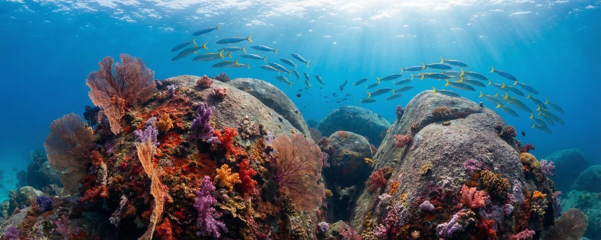 Large granite boulders covered in colourful corals with schools of barracuda overhead at Green Rock dive site near Koh Nang Yuan, Thailand