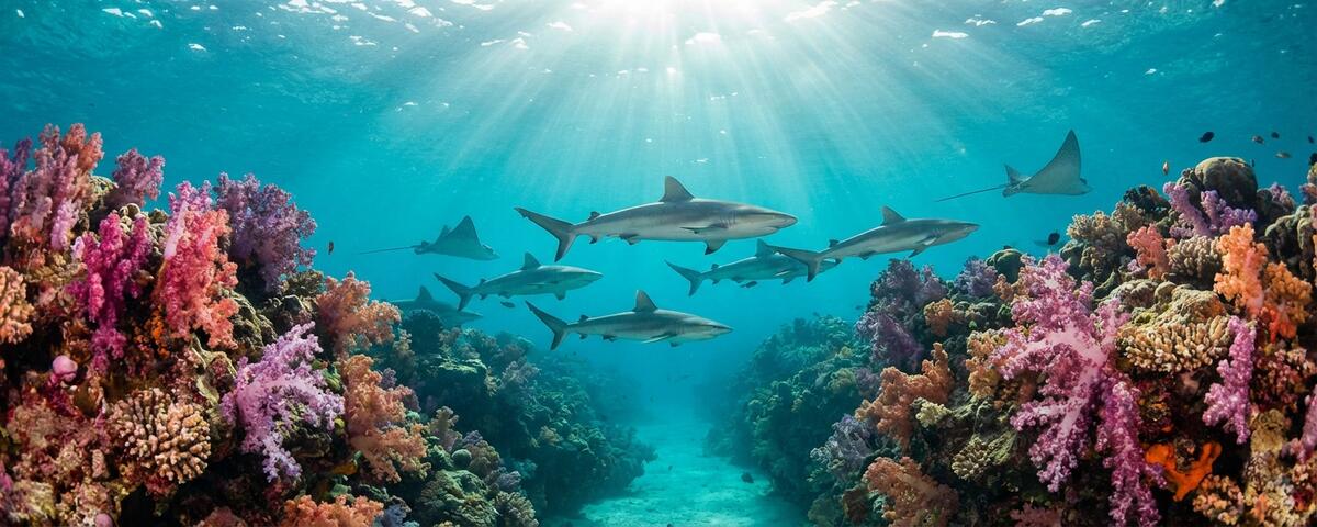 Grey reef sharks patrolling through the coral-lined channel walls at Guraidhoo Kandu dive site in South Malé Atoll, Maldives