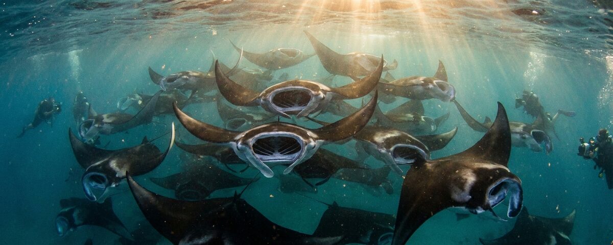 Dozens of manta rays feeding in plankton-rich waters at Hanifaru Bay, Baa Atoll, Maldives