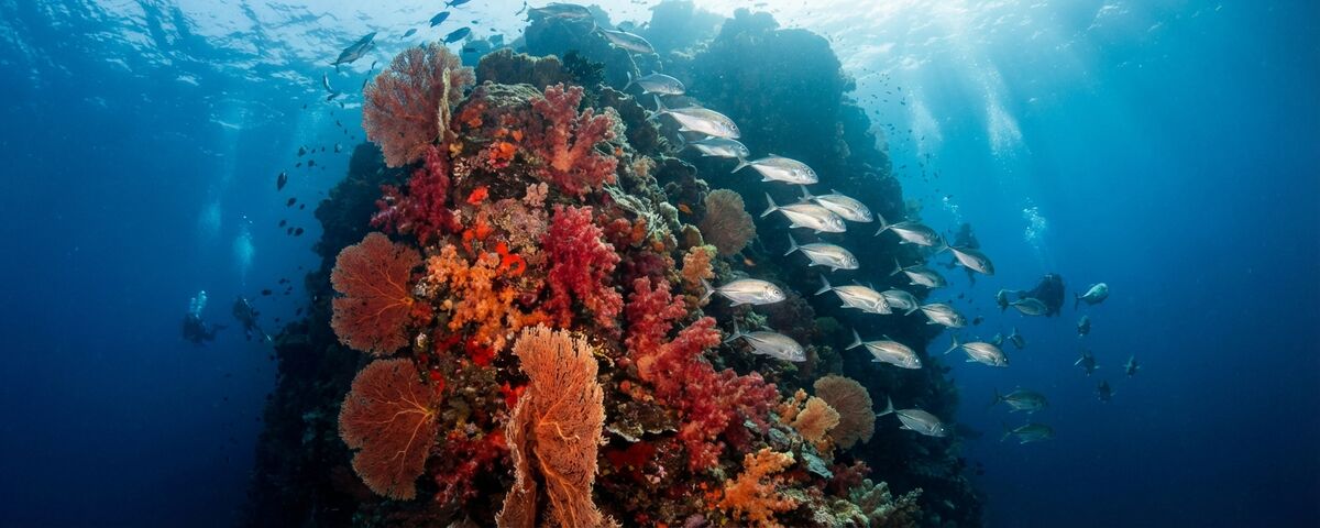 Vibrant red soft corals covering the wall at Hin Daeng dive site in the Andaman Sea, Thailand, with schooling fish in blue water