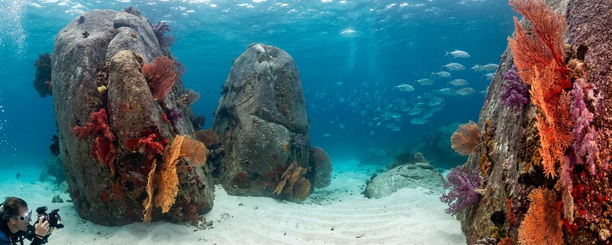 Massive granite boulders rising from sandy seabed at Stonehenge dive site in the Similan Islands, Thailand