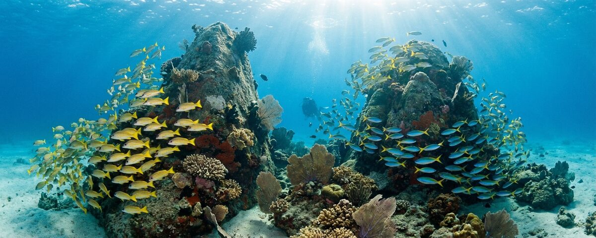 Underwater view of Twin Peaks dive site near Koh Nang Yuan showing coral-covered granite pinnacles with schooling fish