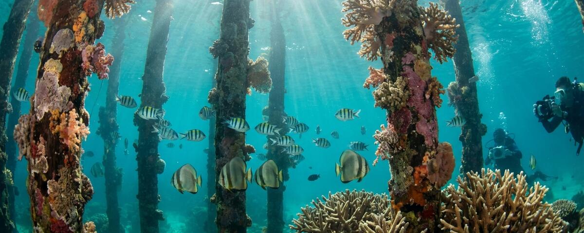 Underwater view of Yenbuba Jetty pilings with schools of tropical fish in Raja Ampat Indonesia