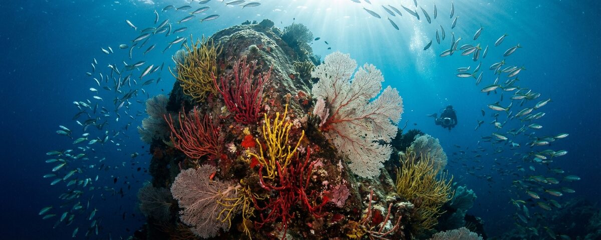 Granite pinnacle covered in white gorgonian fans rising from deep blue water with schools of fusiliers at Hin Wong Pinnacle dive site, Koh Tao