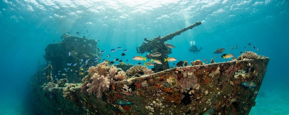 Sunken HTMS Sattakut warship wreck covered in coral growth with tropical fish, Koh Tao dive site in the Gulf of Thailand