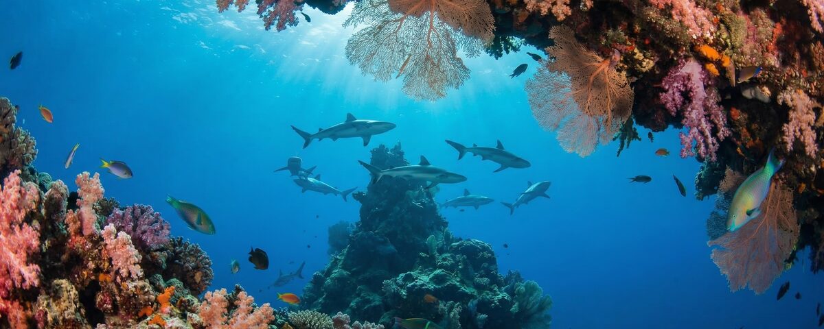 Grey reef sharks circling the coral-covered pinnacle at Kandooma Thila dive site in South Malé Atoll, Maldives
