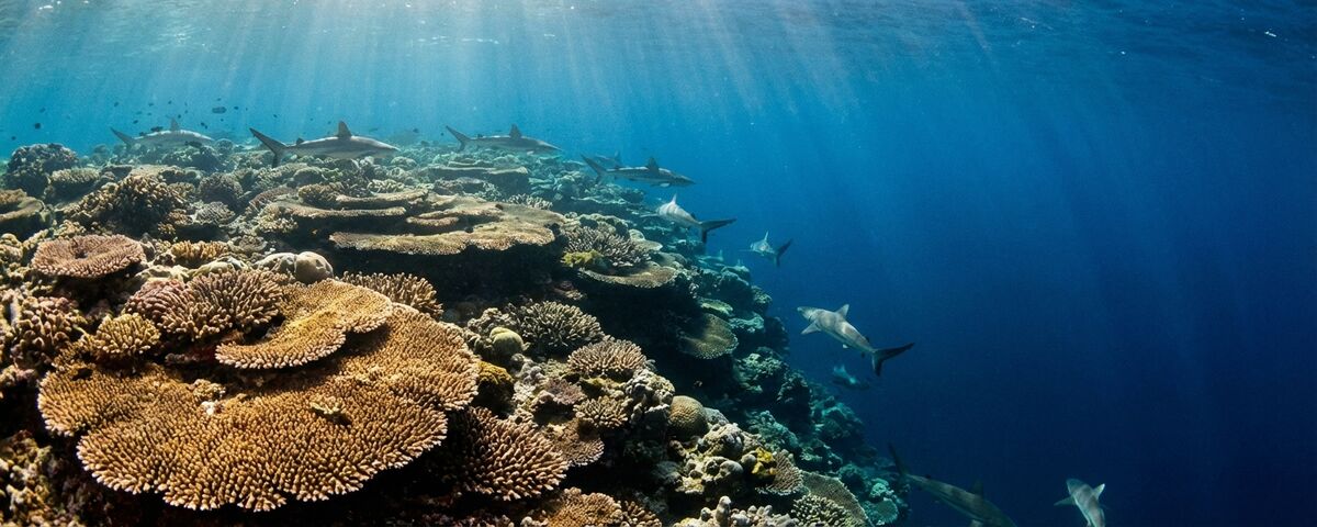 Terraced coral reef plateaus dropping into deep blue water at Kottey Outside, Addu Atoll, Maldives
