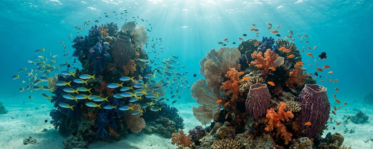 Vibrant coral-covered pinnacle at Kuda Haa dive site surrounded by schools of fairy basslets in North Malé Atoll, Maldives