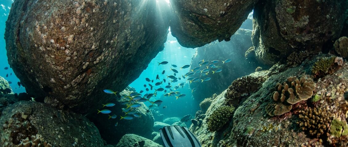 Sunlight piercing through granite boulder swimthroughs with coral-covered walls and tropical fish at Laem Thian dive site on the east coast of Koh Tao, Thailand