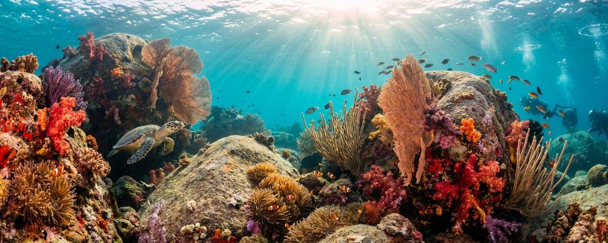 Underwater view of granite boulders covered in coral and sea fans at Lang Kha Bay dive site on Koh Tao with tropical fish in clear blue water