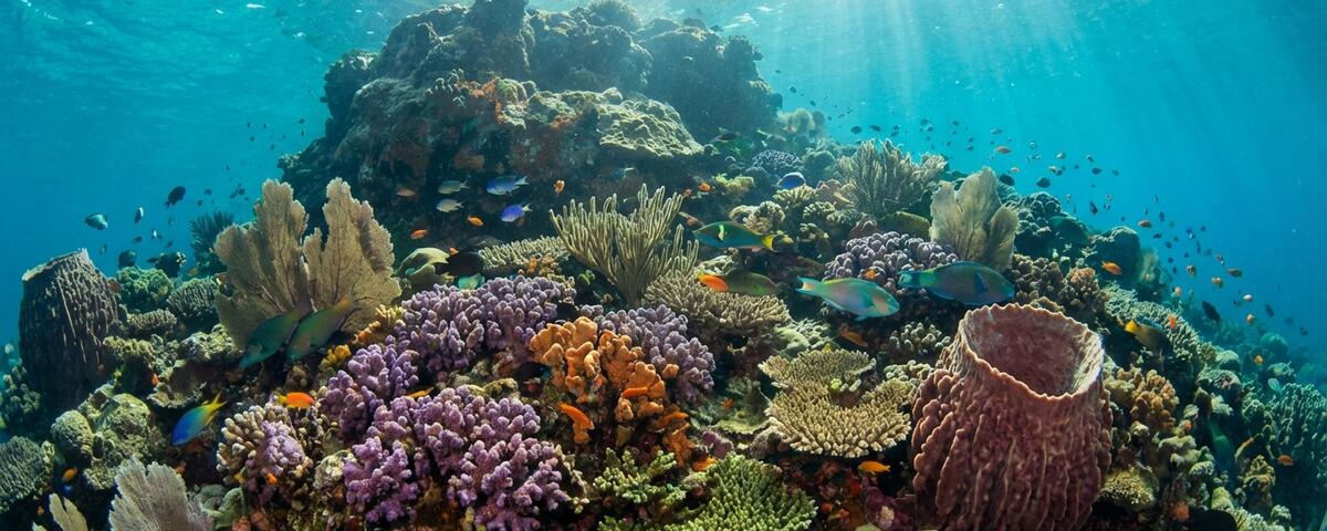Coral-covered reef slope with sea fans and tropical fish at Ligpo Island, Batangas, Philippines