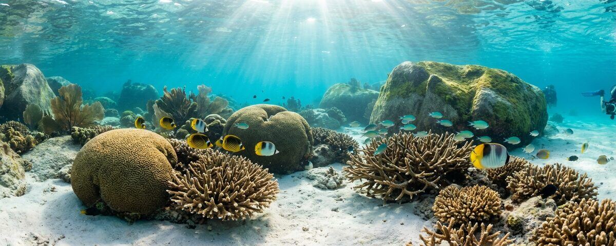Shallow coral garden at Mango Bay dive site on Koh Tao with sunlight filtering through clear turquoise water over brain corals and tropical fish