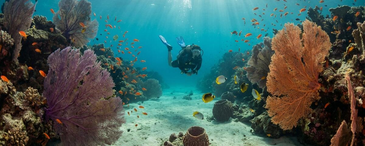 Scuba diver drifting through Manila Channel dive site in Puerto Galera, Philippines, with gorgonian sea fans and tropical fish over a sandy channel
