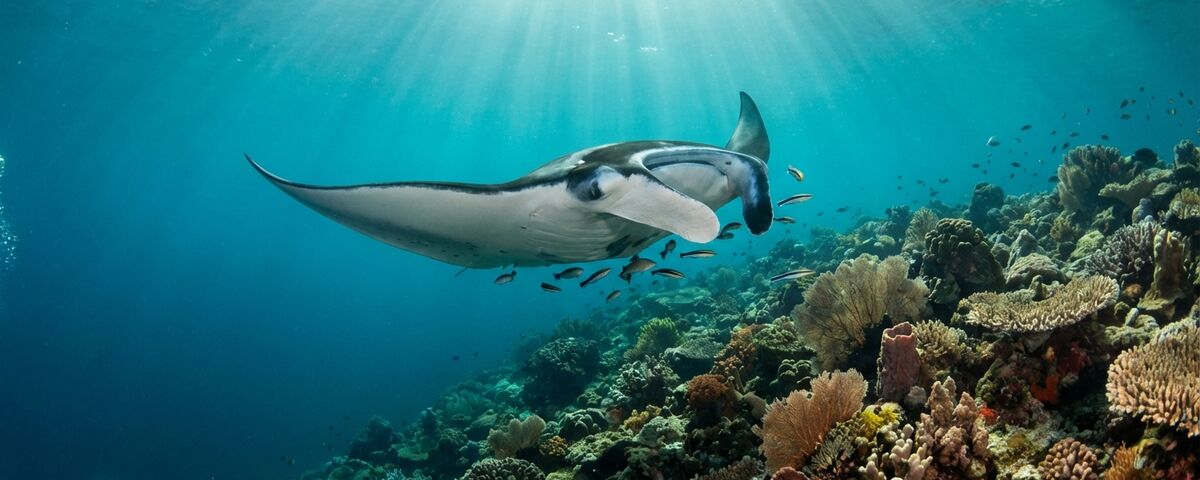 Manta ray gliding over coral ridge cleaning station at Manta Ridge dive site in Raja Ampat, Indonesia