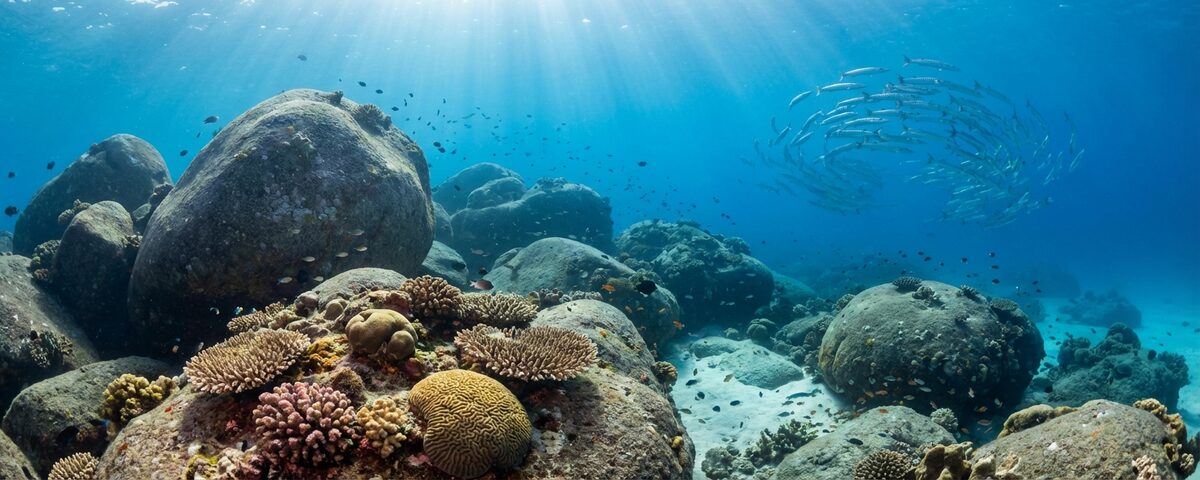 Granite boulders and clear blue water at North Point dive site in the Similan Islands, Thailand