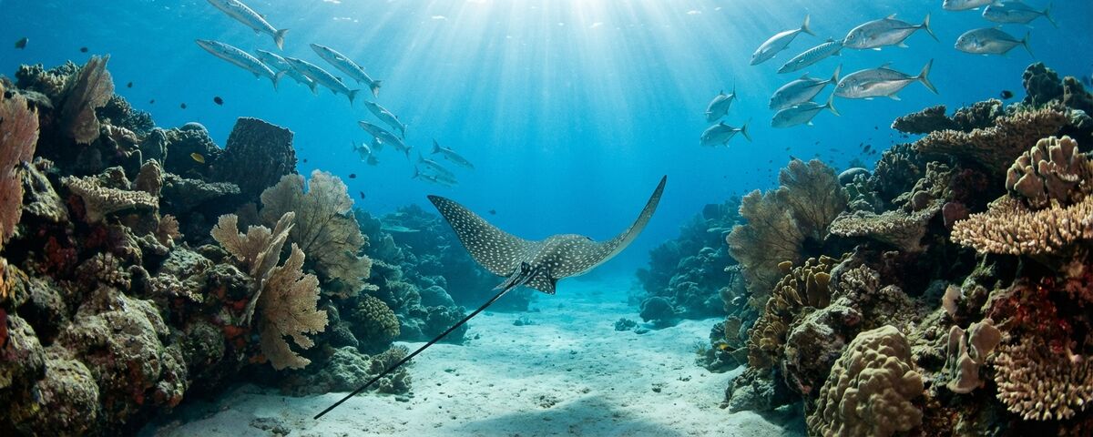 Spotted eagle ray gliding through Ray Channel at Sipadan Island, Malaysia