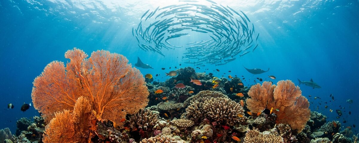 Coral-covered seamount at Sabolon Island dive site near Labuan Bajo, Komodo region, Indonesia