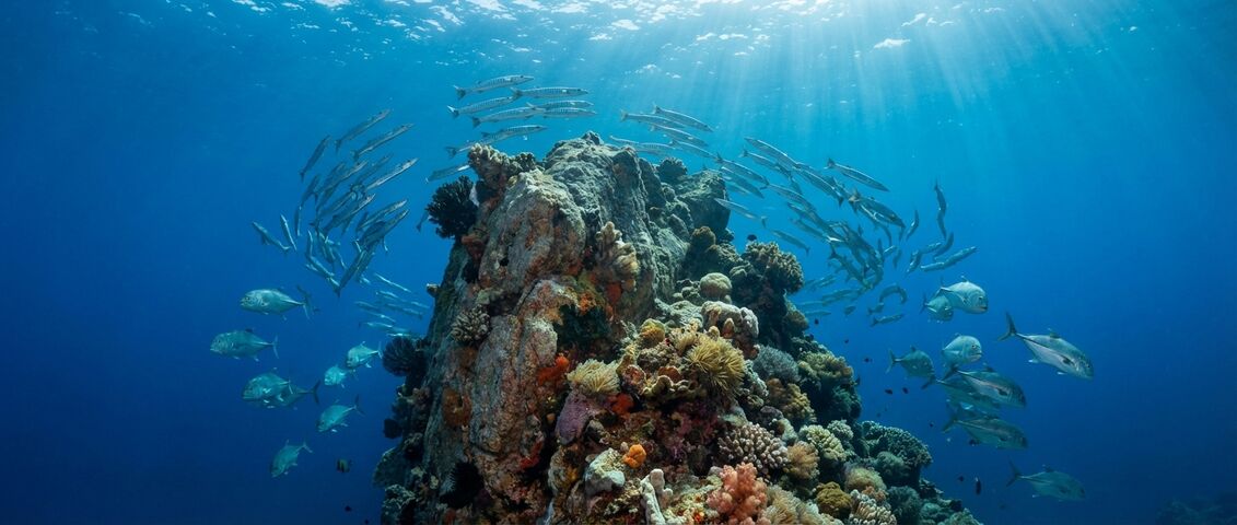 Schools of barracuda circling the granite pinnacle at Samran Pinnacle dive site near Koh Tao, Thailand