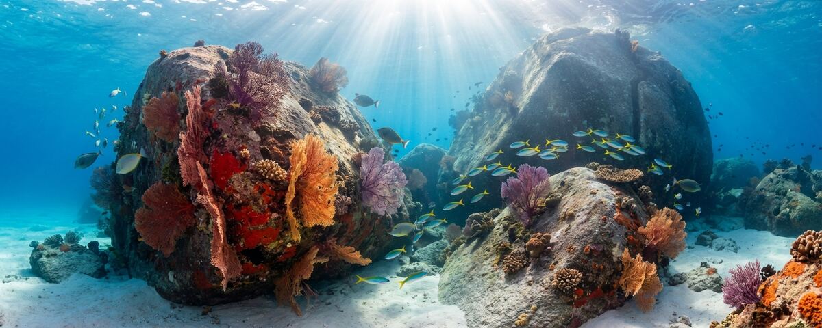 Granite boulder formation with gorgonian sea fans at Shark Fin Reef in the Similan Islands, Thailand
