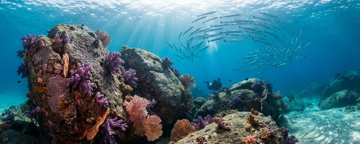 Granite boulders covered in purple soft corals with schools of fish at Shark Island dive site off the southern tip of Koh Tao, Thailand