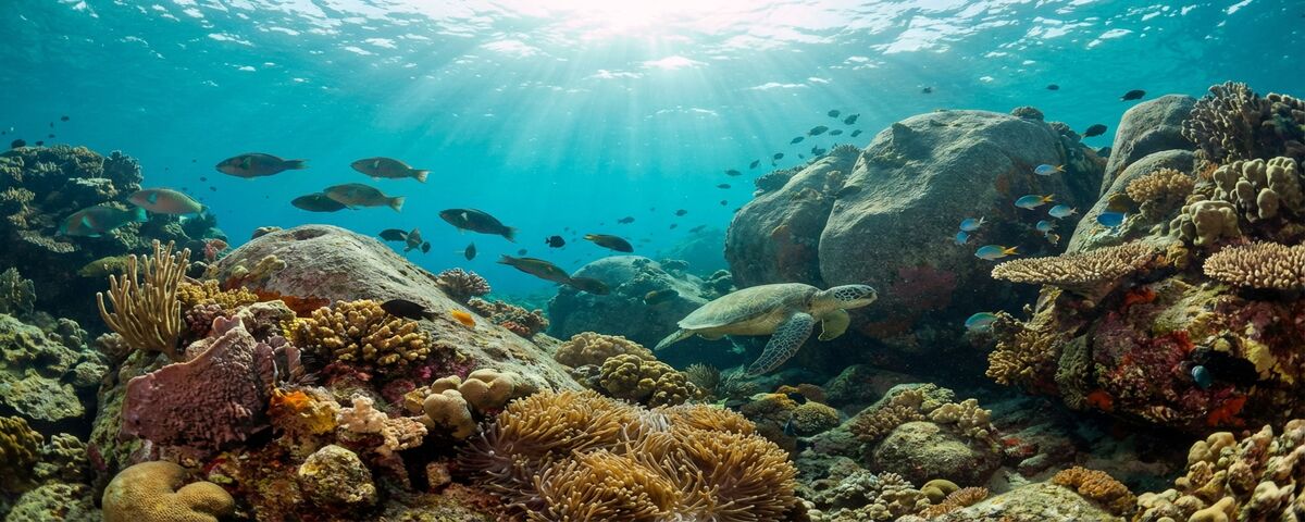 Granite boulders covered in coral with tropical fish and turquoise water at Tanote Bay dive site on the east coast of Koh Tao, Thailand