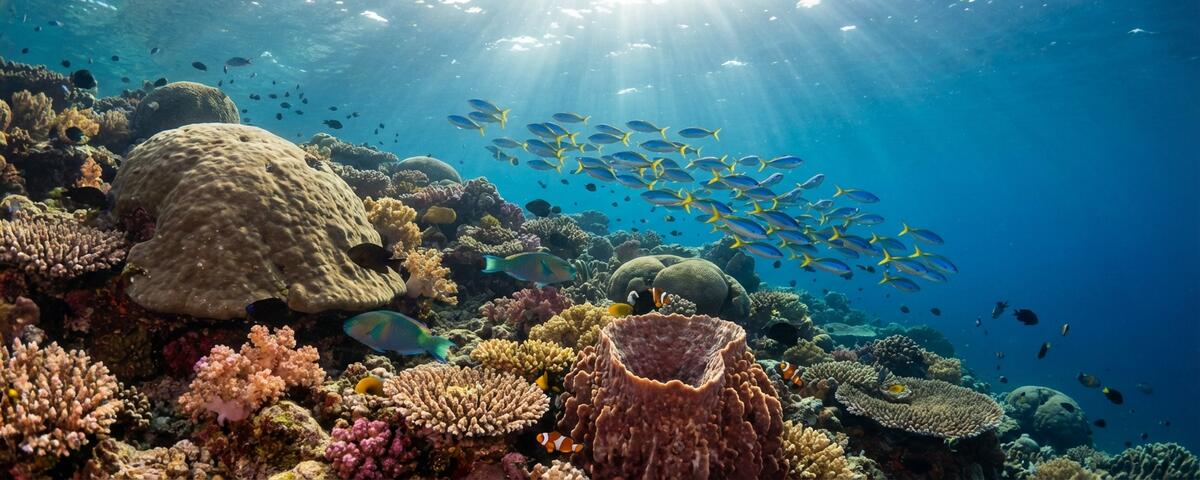 Colourful sloping coral reef with boulder corals and tropical fish at West Escarceo dive site in Puerto Galera, Philippines