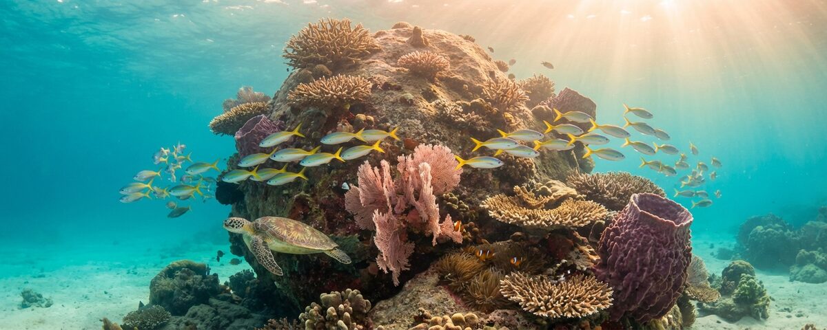 Coral-covered granite pinnacles with schools of fish and clear turquoise water at White Rock dive site near Koh Tao, Thailand